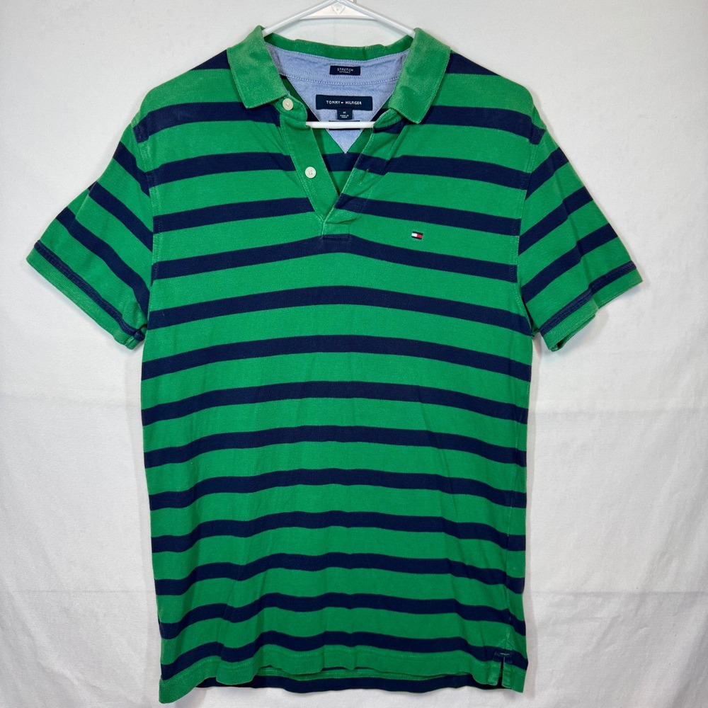Tommy Hilfiger Men's Polo Shirt Striped Stretch Slim Fit Green Blue Sz‎ Medium